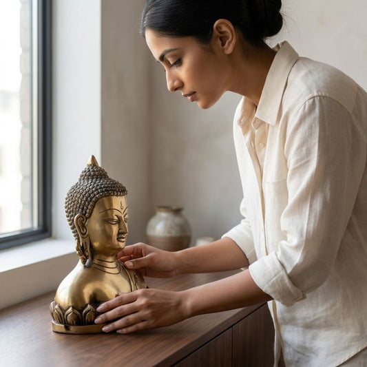 Handcrafted Solid Cast Brass Lord Buddha Bust – Gold Finish Decorative Brass Statue