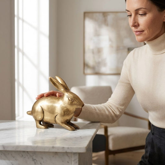 Handcrafted Solid Cast Brass Rabbit Figurine – Gold Finish Decorative Showpiece