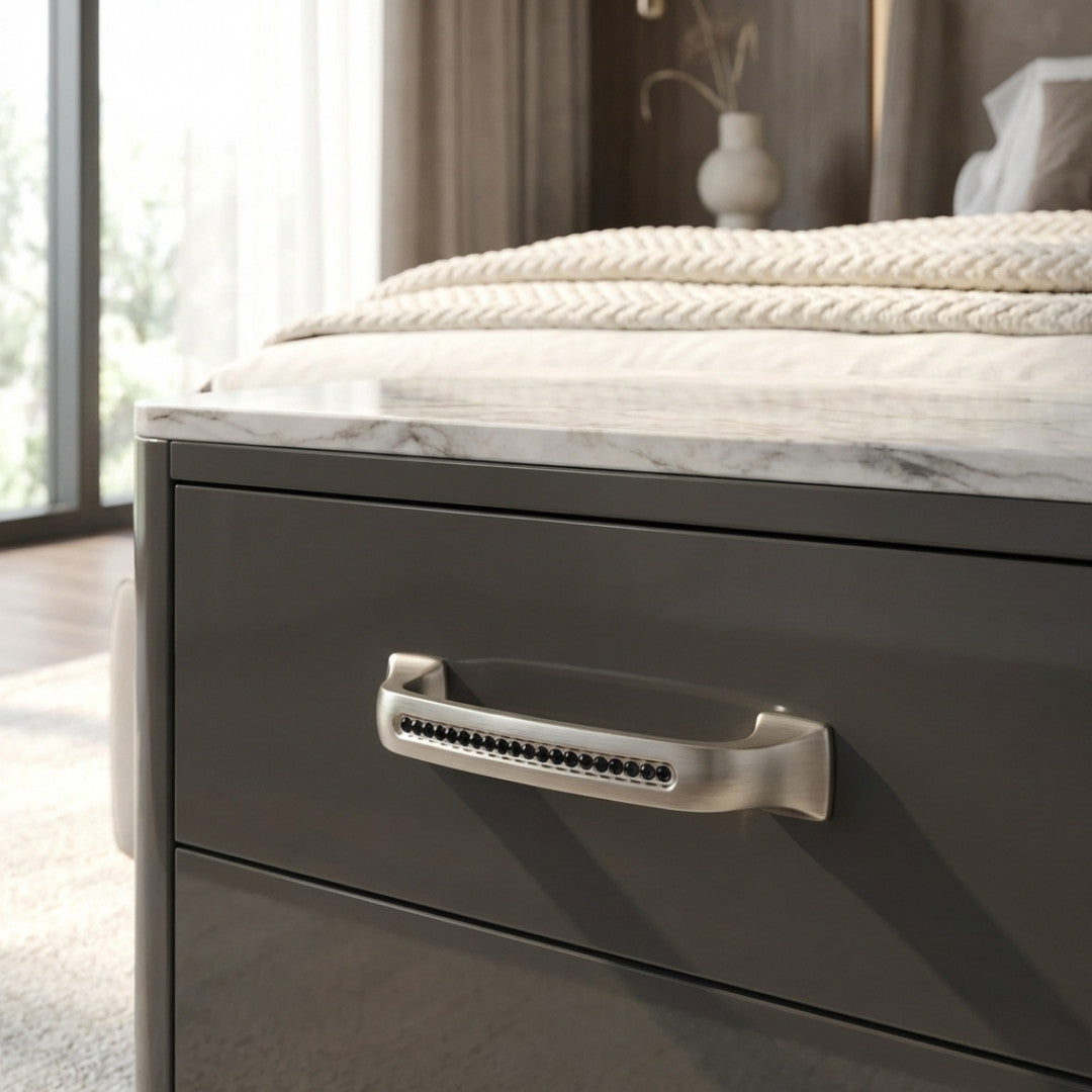 Bellissima Cabinet Pull Satin Nickel Black Crystal Decorative Handle