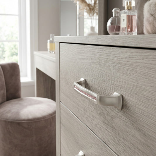 Bellissima Cabinet Pull Satin Nickel Pink Crystal Decorative Handle