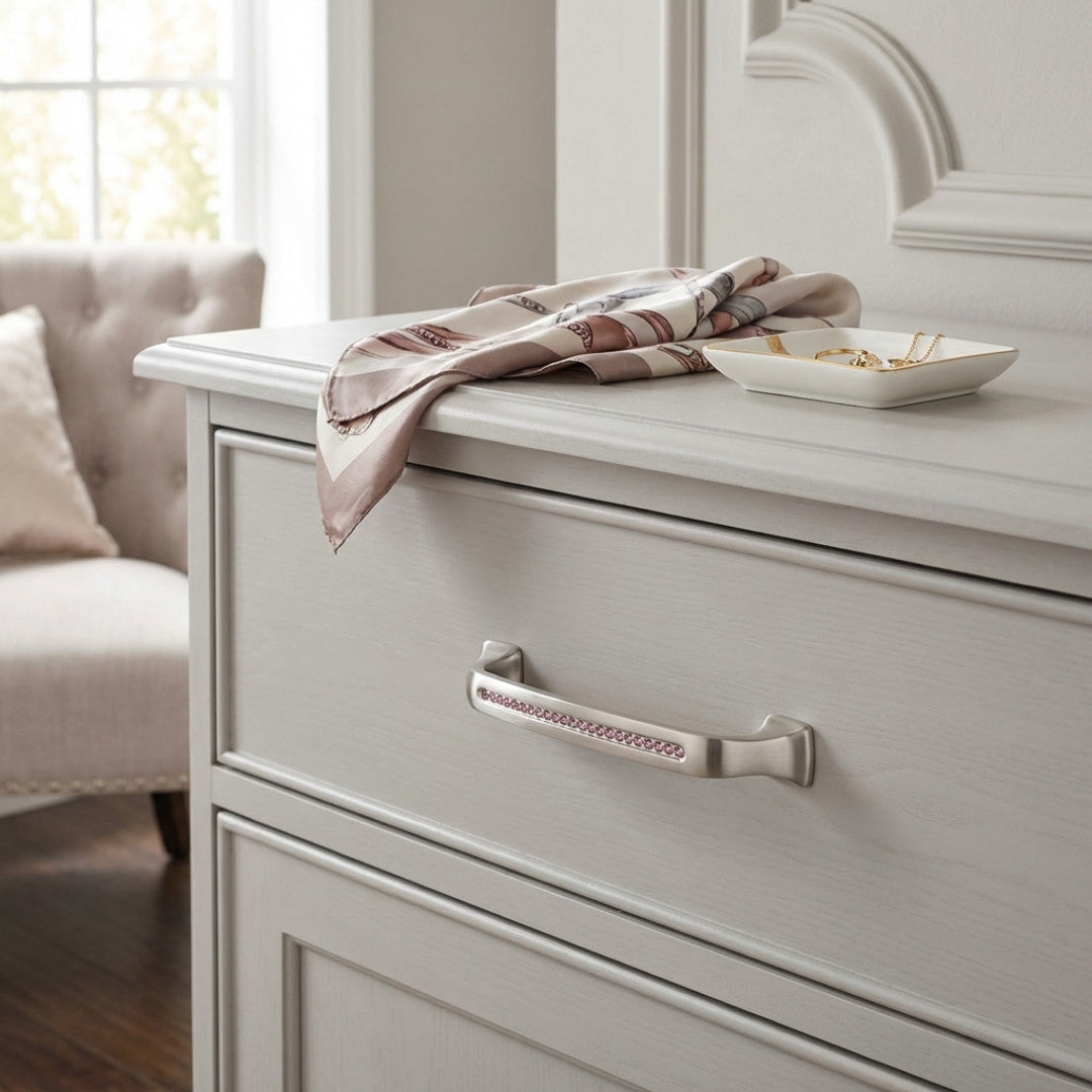 Bellissima Cabinet Pull Satin Nickel Purple Crystal Decorative Handle