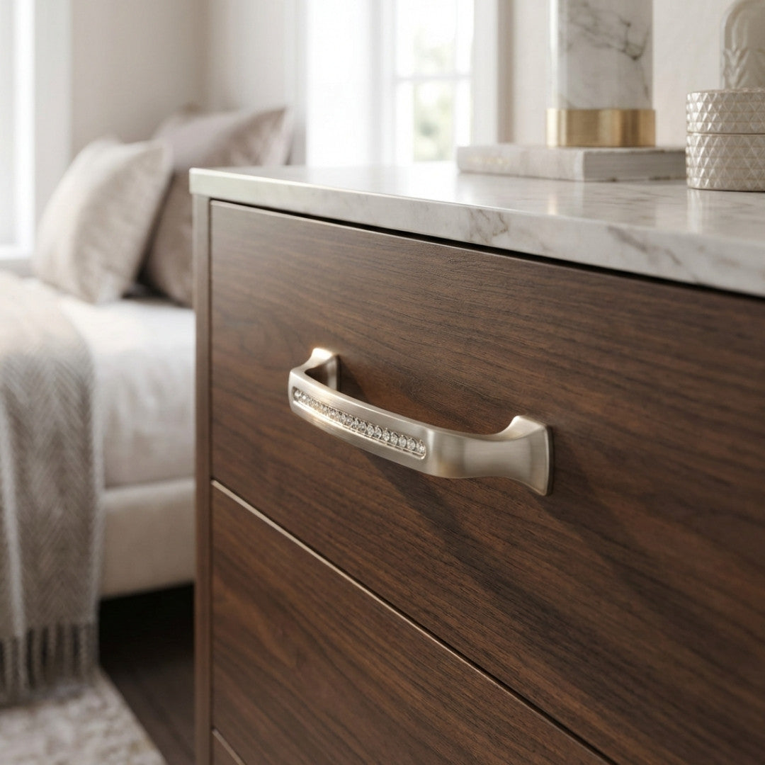 Bellissima Cabinet Pull Satin Nickel Clear Crystal Decorative Handle