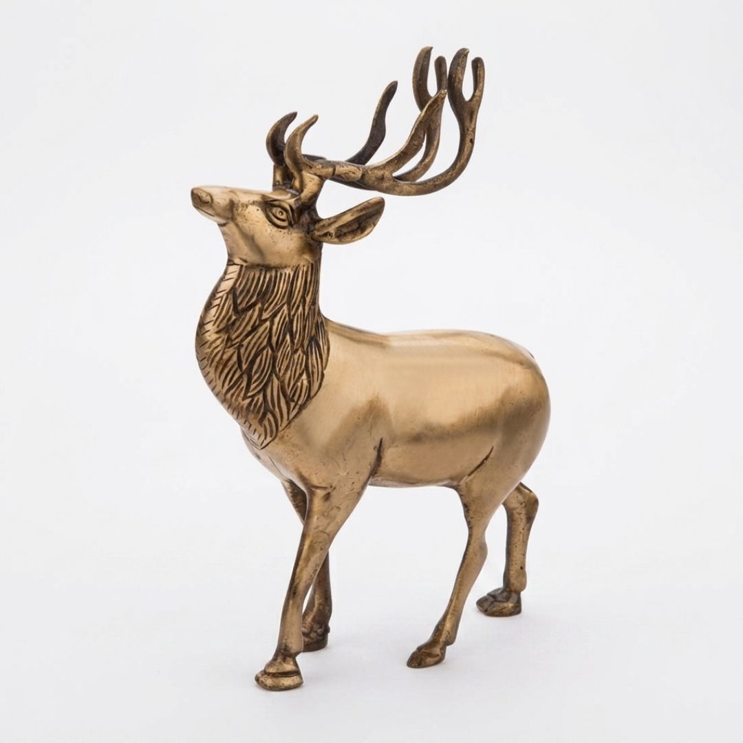 Handcrafted Solid Cast Brass Deer Figurine – Gold Finish | 8 Inch Decorative Accent