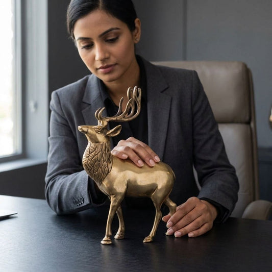 Handcrafted Solid Cast Brass Deer Figurine – Gold Finish | 8 Inch Decorative Accent