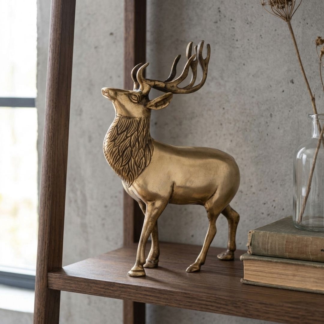 Handcrafted Solid Cast Brass Deer Figurine – Gold Finish | 8 Inch Decorative Accent