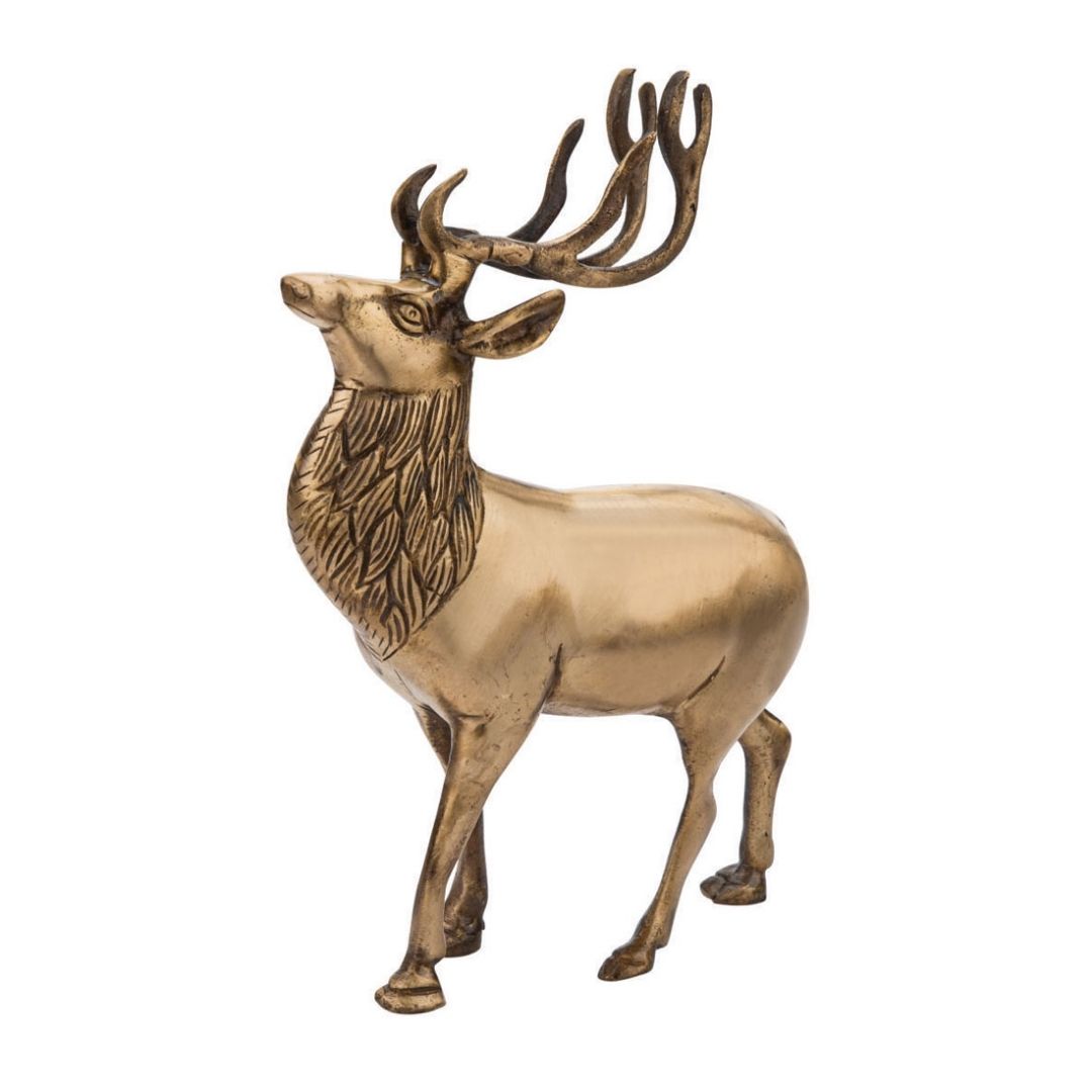 Handcrafted Solid Cast Brass Deer Figurine – Gold Finish | 8 Inch Decorative Accent
