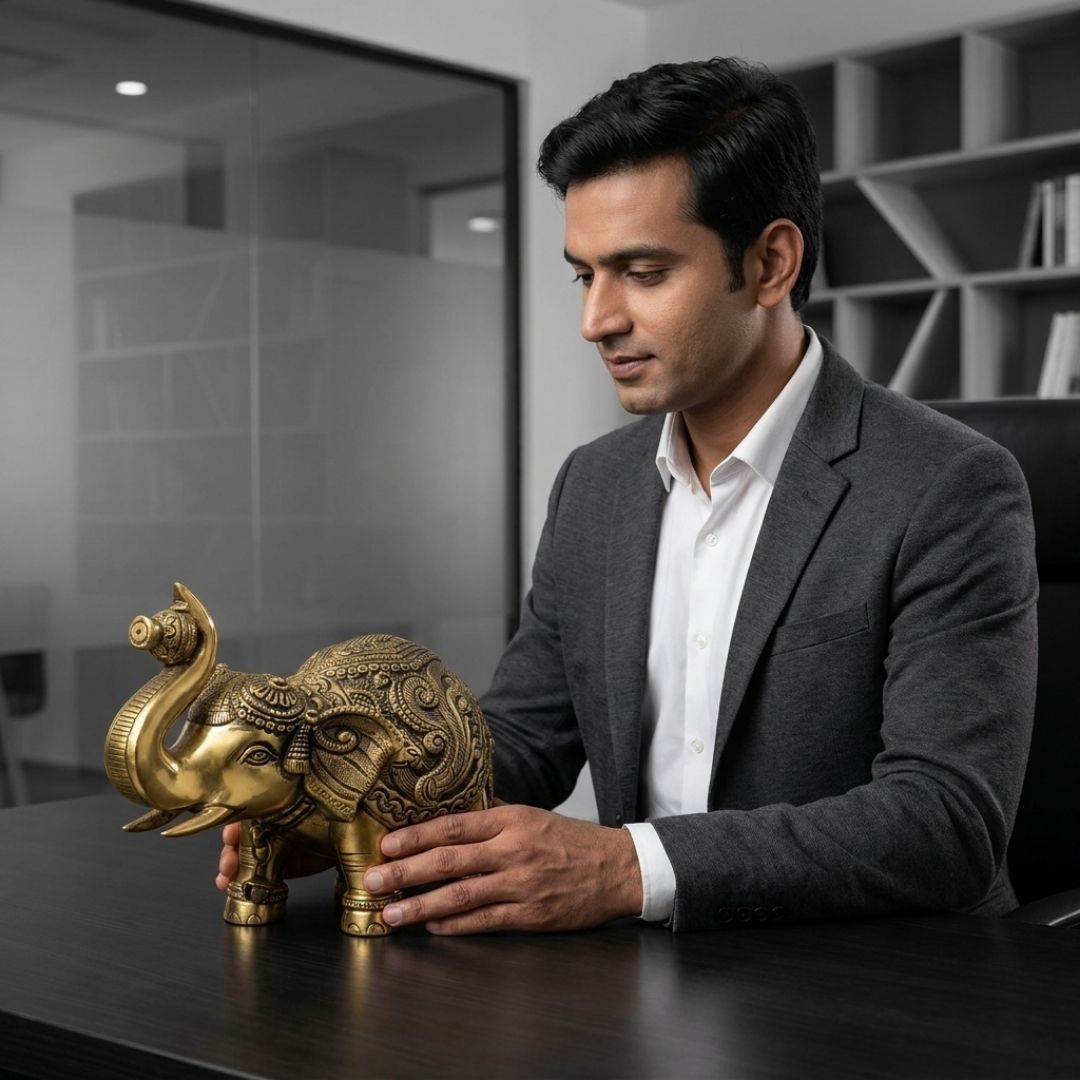 Handcrafted Solid Cast Brass Elephant Figurine – Gold Finish | 6 Inch Decorative Showpiece