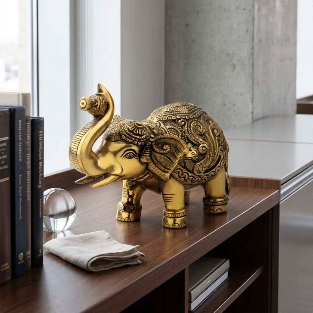 Handcrafted Solid Cast Brass Elephant Figurine – Gold Finish | 6 Inch Decorative Showpiece