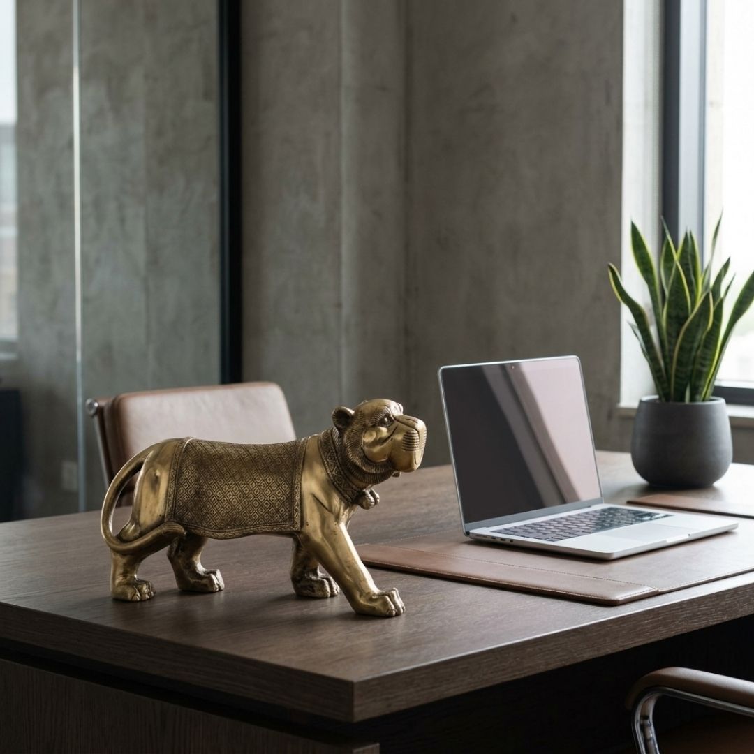Handcrafted Solid Cast Brass Lion Figurine – Gold Finish Decorative Showpiece ( 6 Inch )