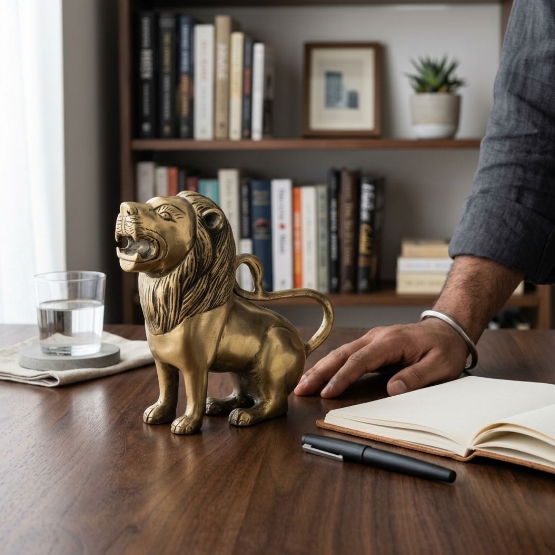 Handcrafted Solid Cast Brass Lion Figurine – Gold Finish Decorative Showpiece ( 6 Inch )