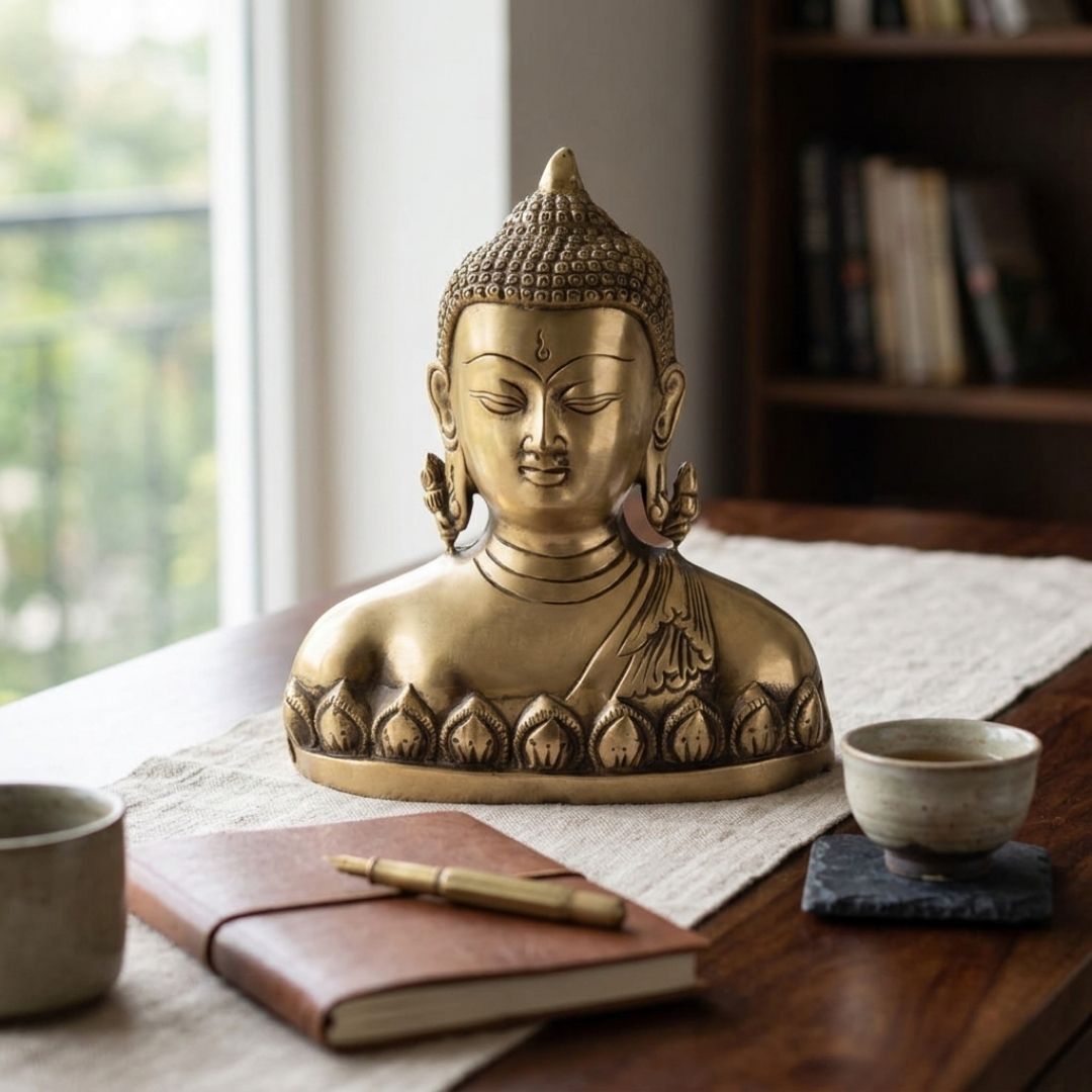 Handcrafted Solid Cast Brass Lord Buddha Bust – Gold Finish Decorative Brass Statue