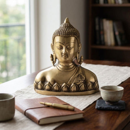 Handcrafted Solid Cast Brass Lord Buddha Bust – Gold Finish Decorative Brass Statue