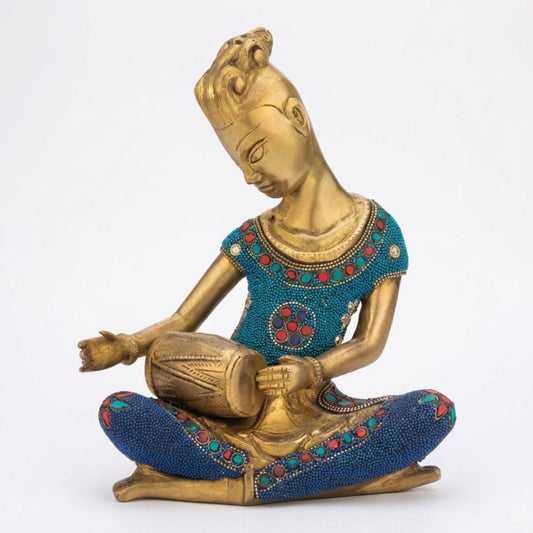 Handcrafted Solid Cast Brass Tribal Musician Figurine – Gold Finish Decorative Showpiece