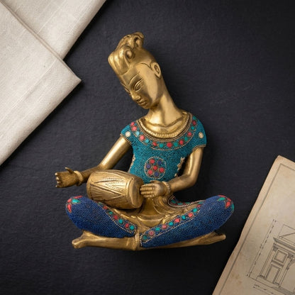 Handcrafted Solid Cast Brass Tribal Musician Figurine – Gold Finish Decorative Showpiece