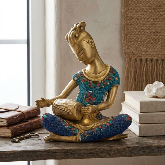 Handcrafted Solid Cast Brass Tribal Musician Figurine – Gold Finish Decorative Showpiece