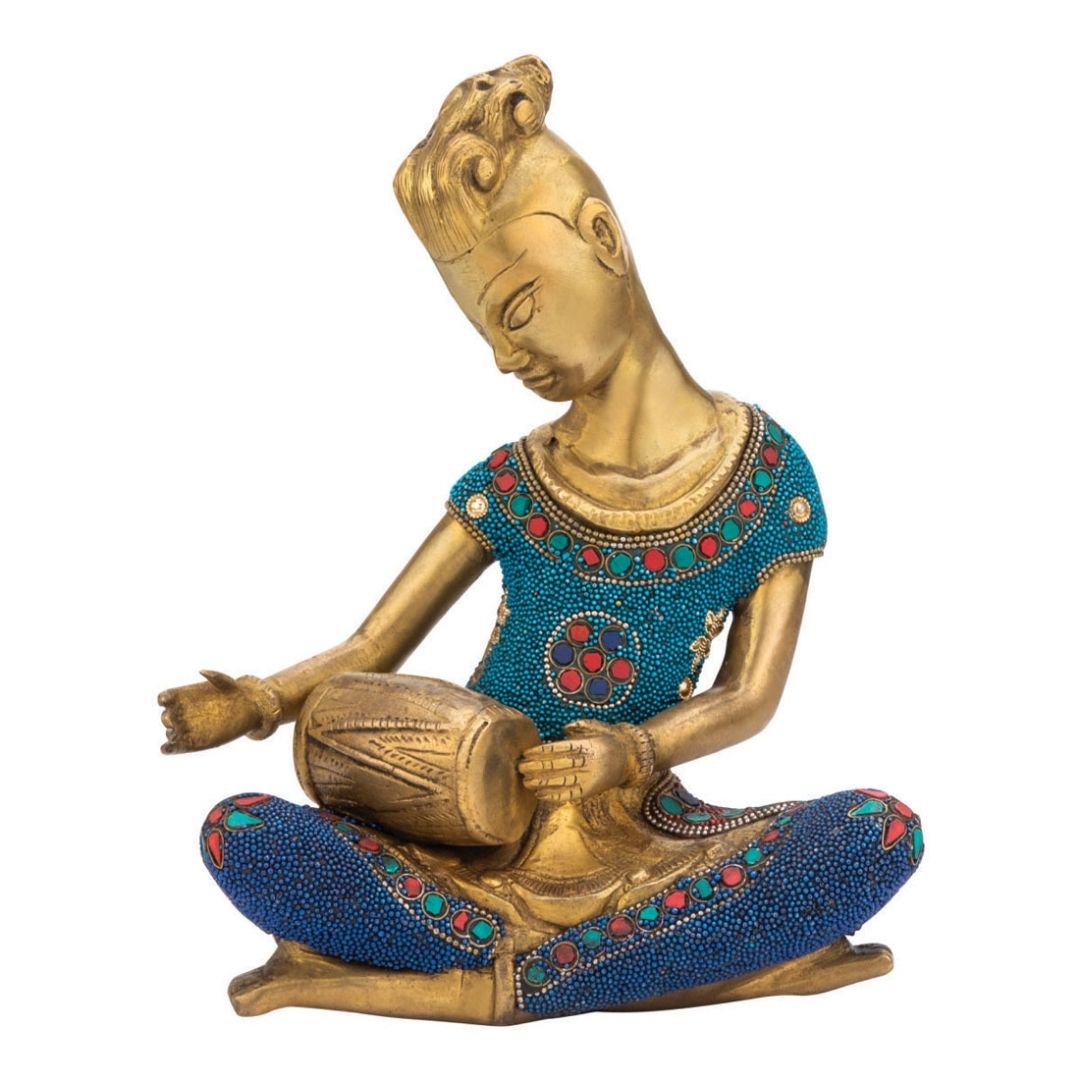 Handcrafted Solid Cast Brass Tribal Musician Figurine – Gold Finish Decorative Showpiece