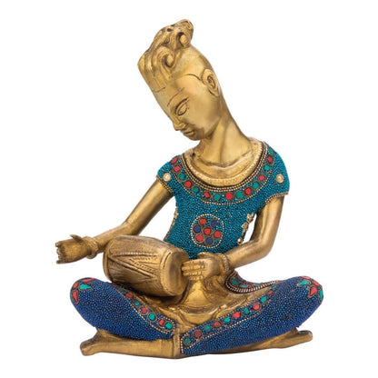 Handcrafted Solid Cast Brass Tribal Musician Figurine – Gold Finish Decorative Showpiece