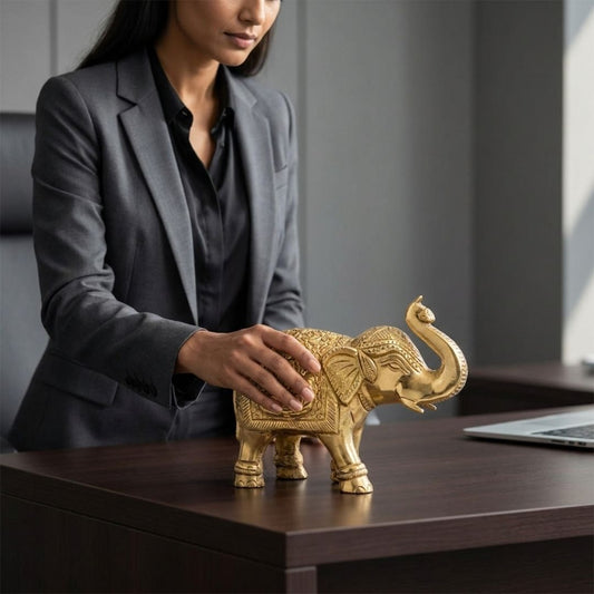 Solid Cast Brass Elephant Figurine – Handcrafted Gold Finish Decorative Showpiece