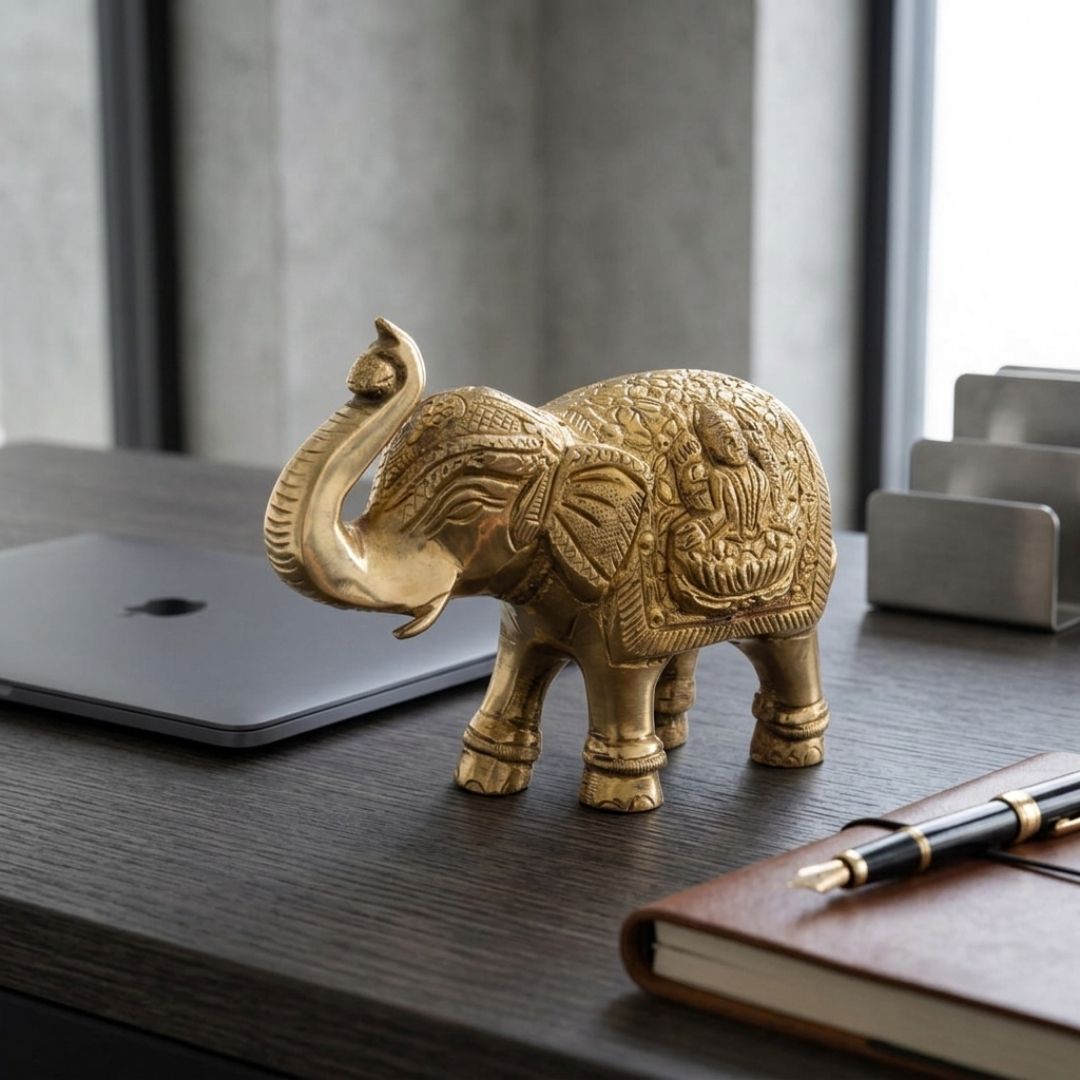 Solid Cast Brass Elephant Figurine – Handcrafted Gold Finish Decorative Showpiece