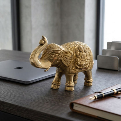 Solid Cast Brass Elephant Figurine – Handcrafted Gold Finish Decorative Showpiece