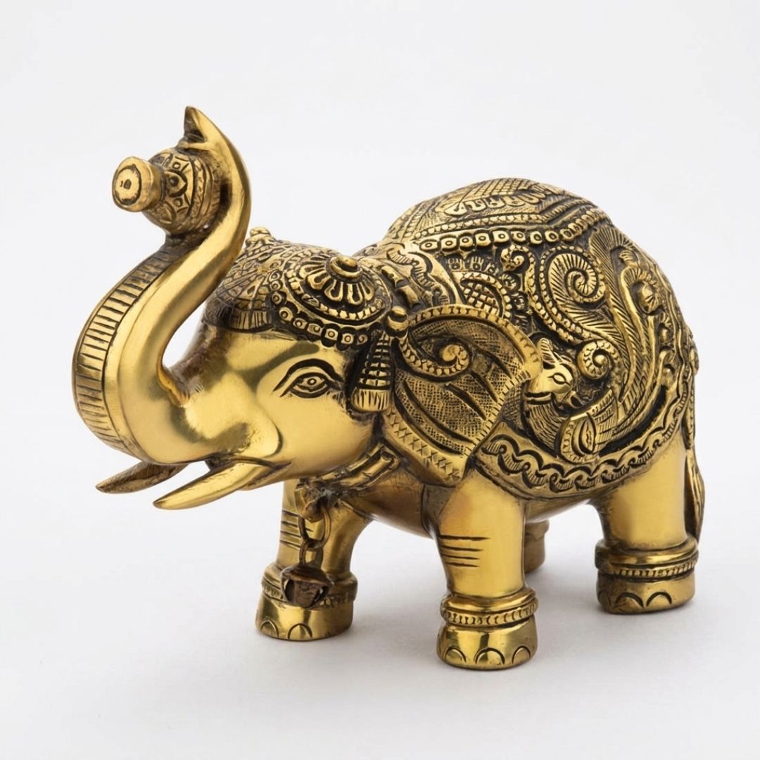 Handcrafted Solid Cast Brass Elephant Figurine – Gold Finish | 6 Inch Decorative Showpiece