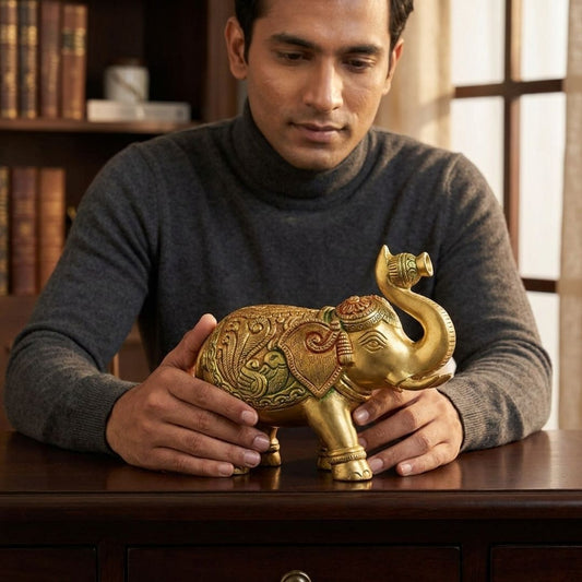 Handcrafted Solid Cast Brass Elephant Figurine – Gold Finish Decorative Showpiece (6 Inch)
