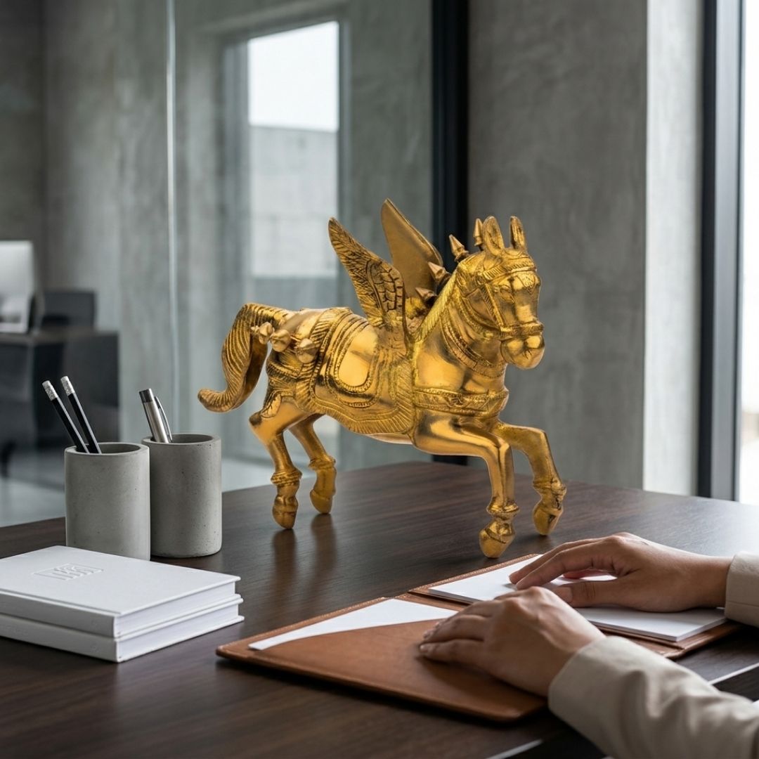 Handcrafted Solid Cast Brass Flying Horse Figurine – Gold Finish Decorative Showpiece