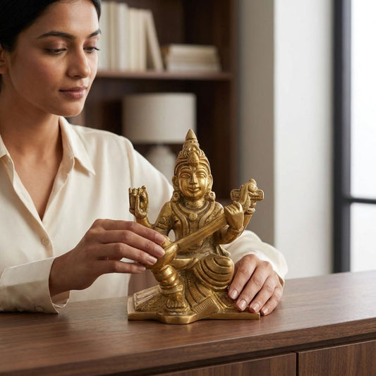 Handcrafted Solid Cast Brass Saraswati Maa Idol – Gold Finish Decorative Brass Statue