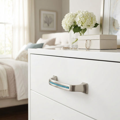 Bellissima Cabinet Pull Satin Nickel Aqua Blue Crystal Decorative Handle