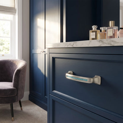 Bellissima Cabinet Pull Satin Nickel Aqua Blue Crystal Decorative Handle