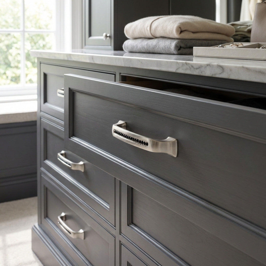 Bellissima Cabinet Pull Satin Nickel Black Crystal Decorative Handle