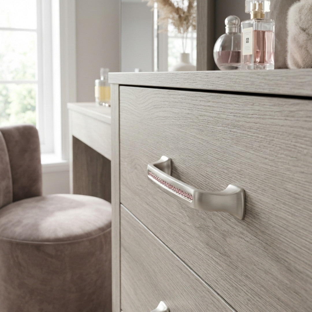 Bellissima Cabinet Pull Satin Nickel Pink Crystal Decorative Handle