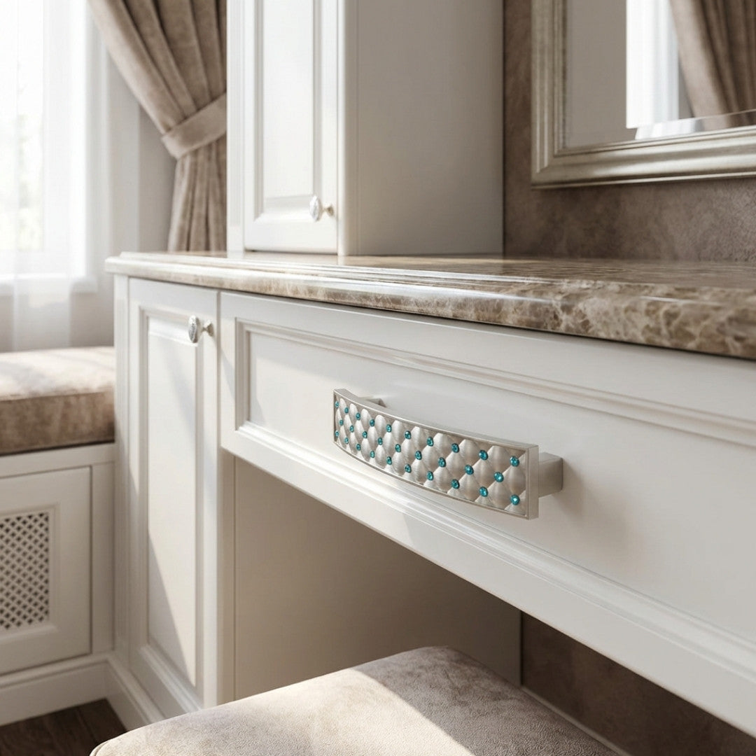 Gabrielle Cabinet Pull Satin Nickel Aqua Blue Crystal Decorative Handle