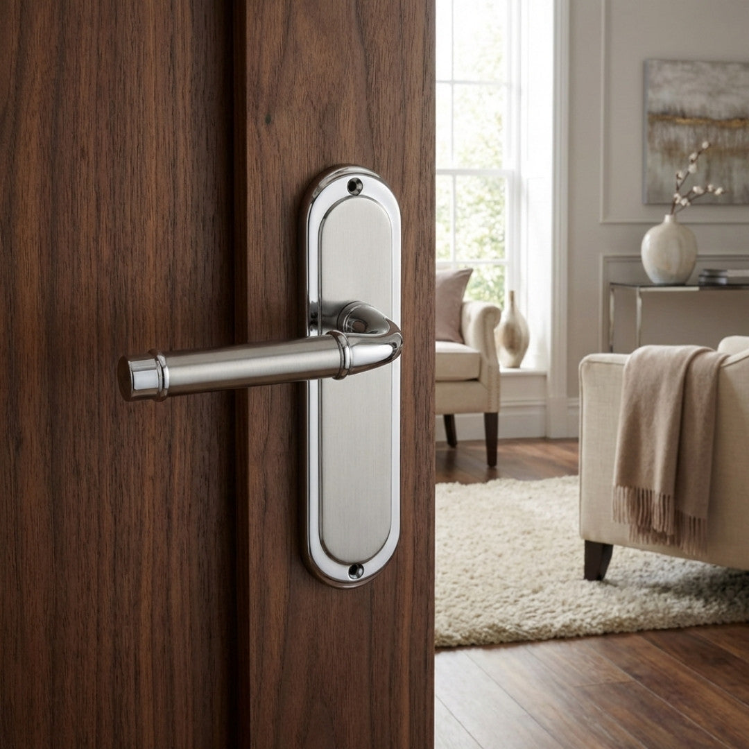 Chateau Door Lever Handles with Lock Chrome Finish Complete Door Set