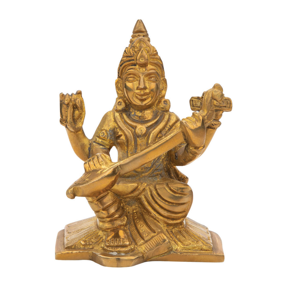 Handcrafted Solid Cast Brass Saraswati Maa Idol – Gold Finish Decorative Brass Statue